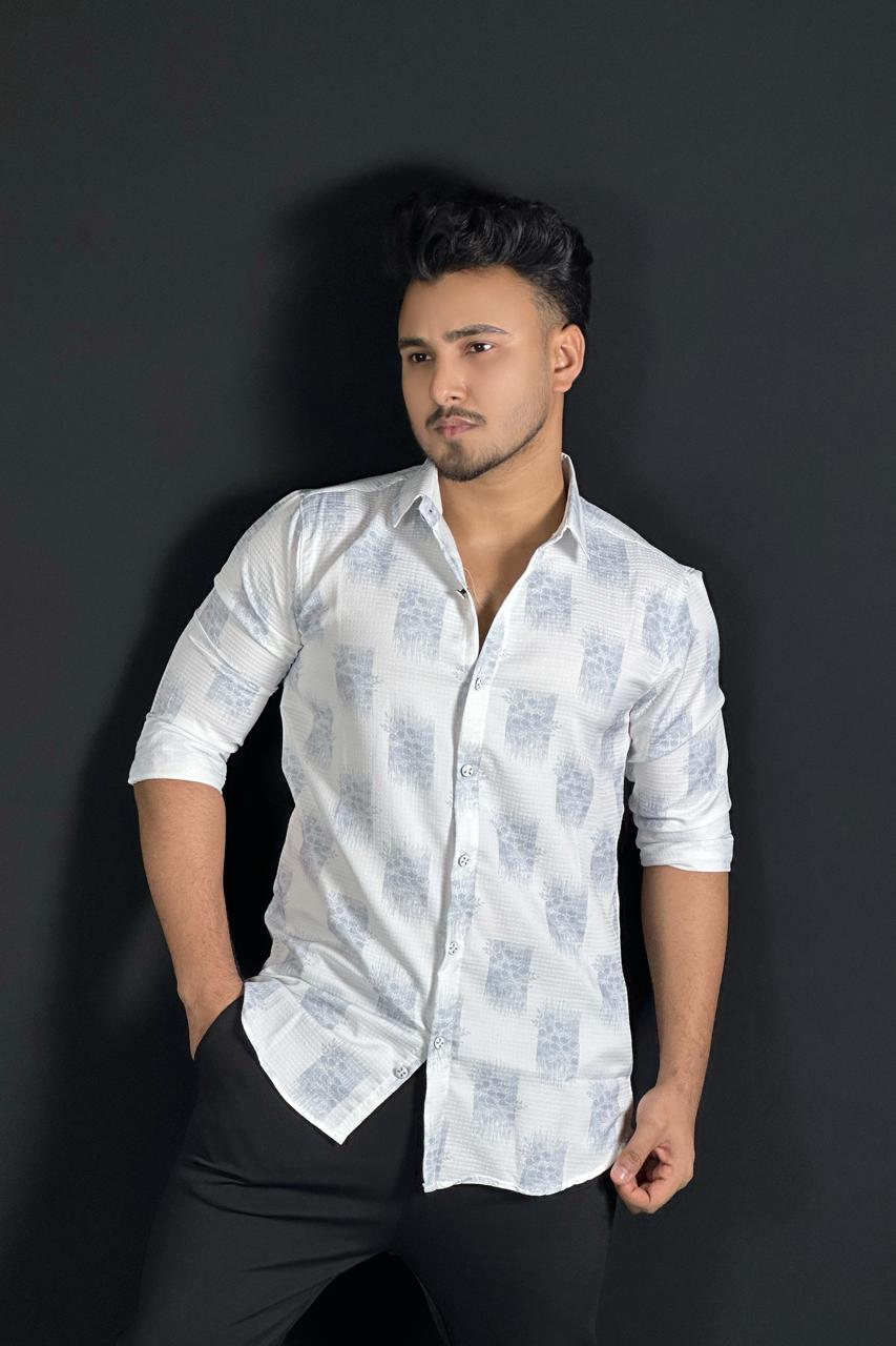 ব্লু হোয়াইট প্রিন্টেড শার্ট-Flower